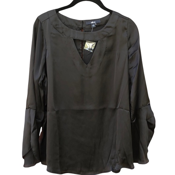 Ellos 12 Black Blouse Shirt Popover Satin Split Bell Sleeves Peep Keyhole Button - Picture 2 of 9
